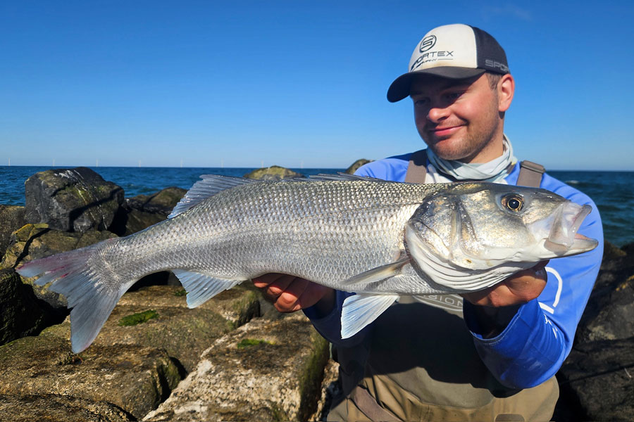 Angler mit Fisch am Meer